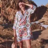 Carmen Linen Short Dress Multi, Ornamental Trellis Carmen Linen Short Dress Multi, Ornamental Trellis
