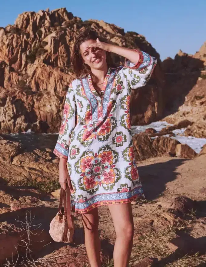 Carmen Linen Short Dress Multi, Ornamental Trellis Carmen Linen Short Dress Multi, Ornamental Trellis