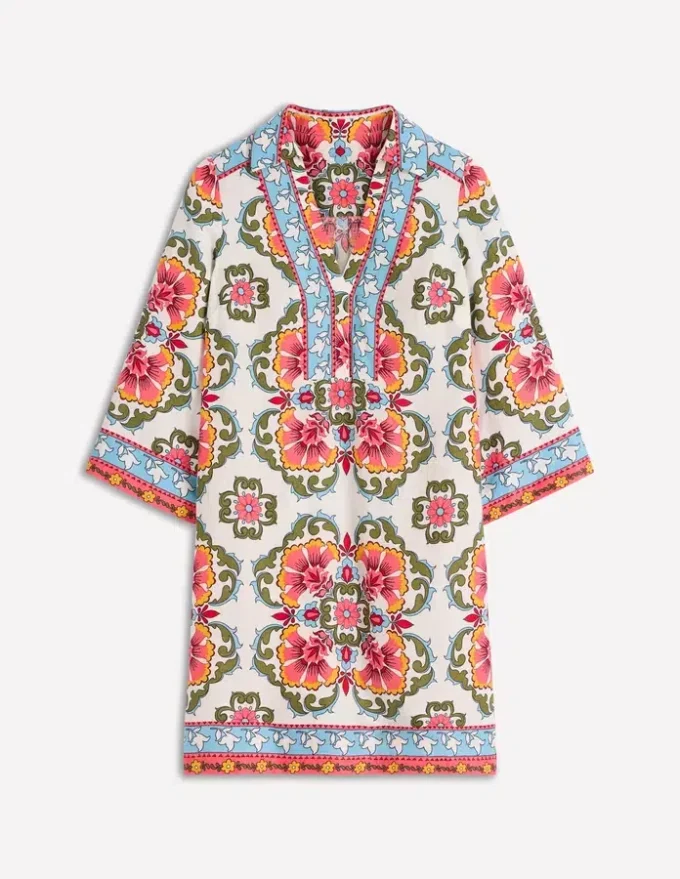 Carmen Linen Short Dress Multi, Ornamental Trellis Carmen Linen Short Dress Multi, Ornamental Trellis