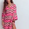 Carmen Linen Short Dress Pink, Zig Zag Wave Carmen Linen Short Dress Pink, Zig Zag Wave