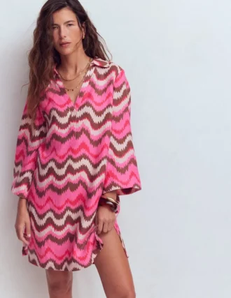 Carmen Linen Short Dress Pink, Zig Zag Wave