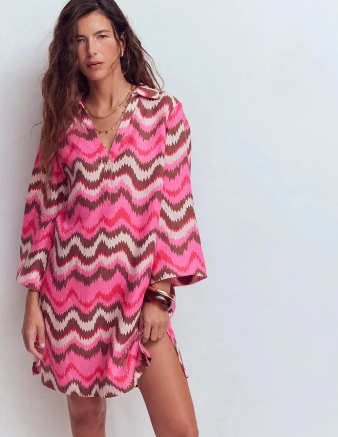 Carmen Linen Short Dress Pink, Zig Zag Wave Carmen Linen Short Dress Pink, Zig Zag Wave
