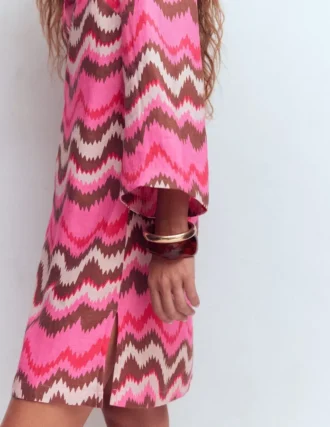 Carmen Linen Short Dress Pink, Zig Zag Wave