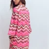 Carmen Linen Short Dress Pink, Zig Zag Wave Carmen Linen Short Dress Pink, Zig Zag Wave