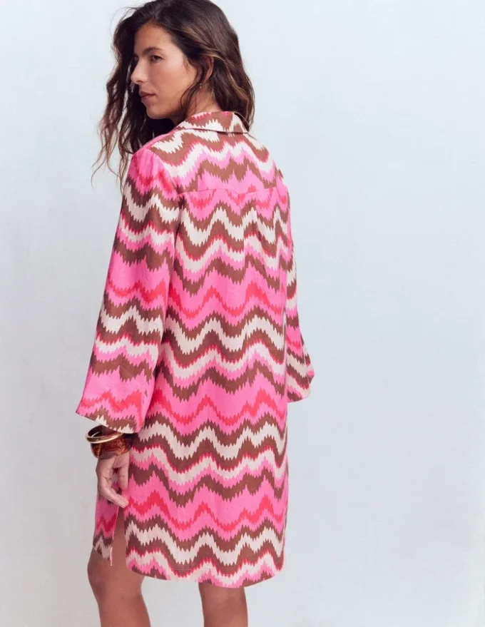 Carmen Linen Short Dress Pink, Zig Zag Wave Carmen Linen Short Dress Pink, Zig Zag Wave
