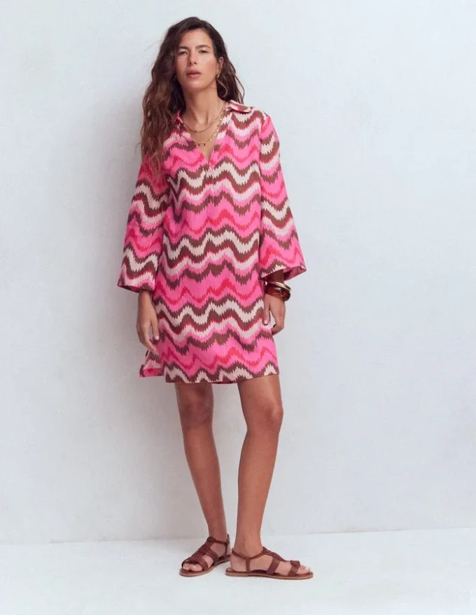 Carmen Linen Short Dress Pink, Zig Zag Wave Carmen Linen Short Dress Pink, Zig Zag Wave