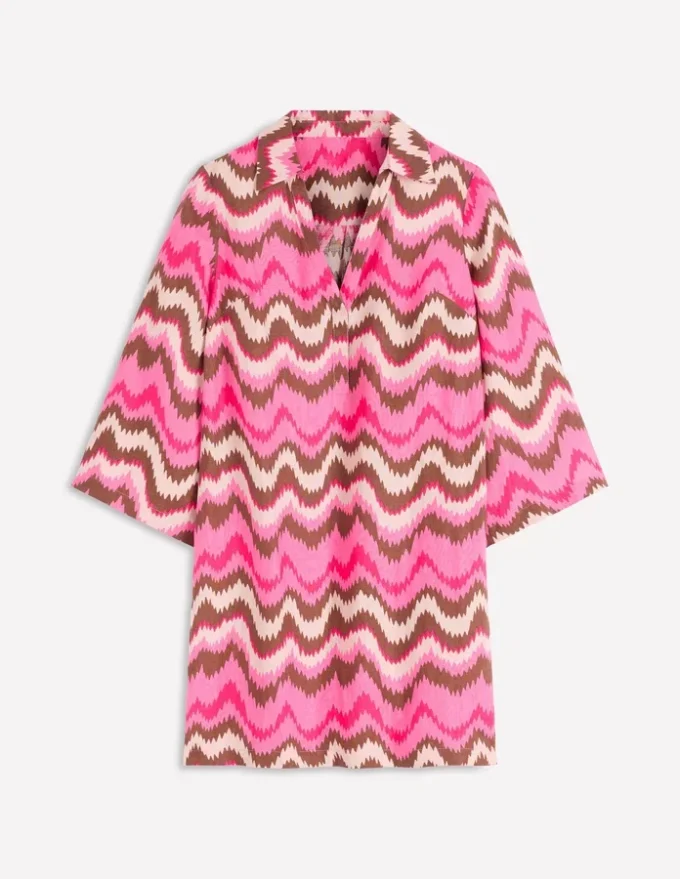 Carmen Linen Short Dress Pink, Zig Zag Wave Carmen Linen Short Dress Pink, Zig Zag Wave