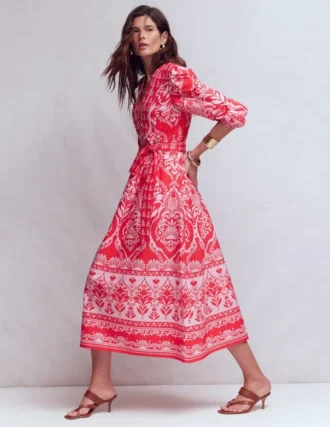 Cary Cotton Midi Dress Red Ornamental Garden Mono