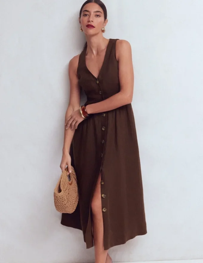 Catherine Button Linen Dress Bitter Chocolate Catherine Button Linen Dress Bitter Chocolate