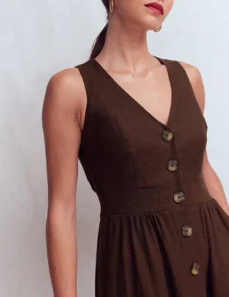 Catherine Button Linen Dress Bitter Chocolate
