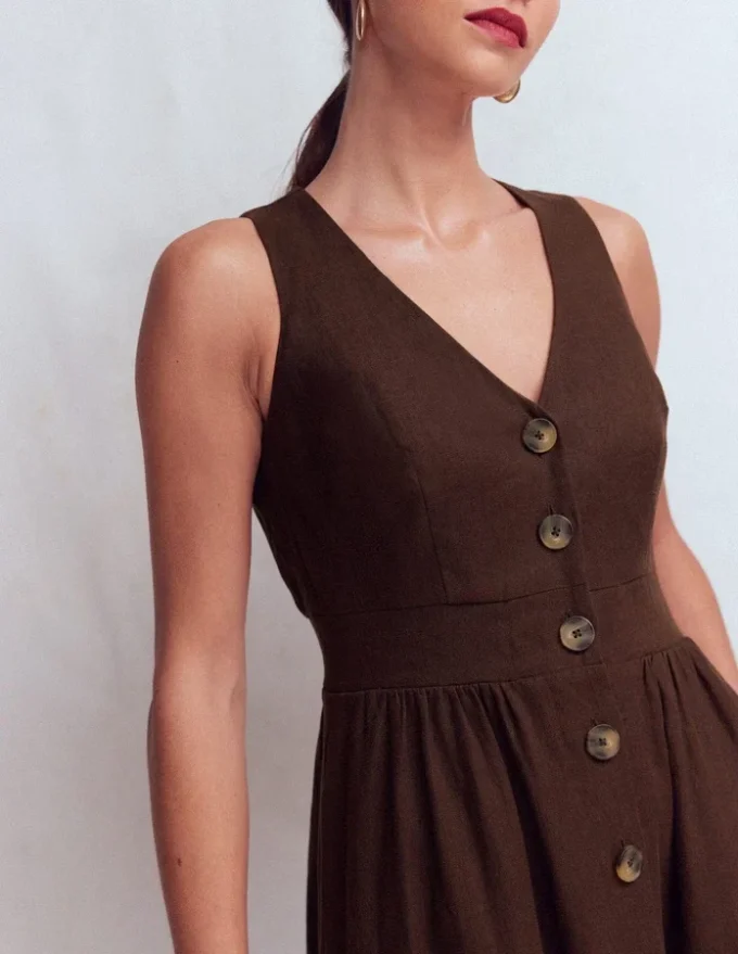 Catherine Button Linen Dress Bitter Chocolate Catherine Button Linen Dress Bitter Chocolate