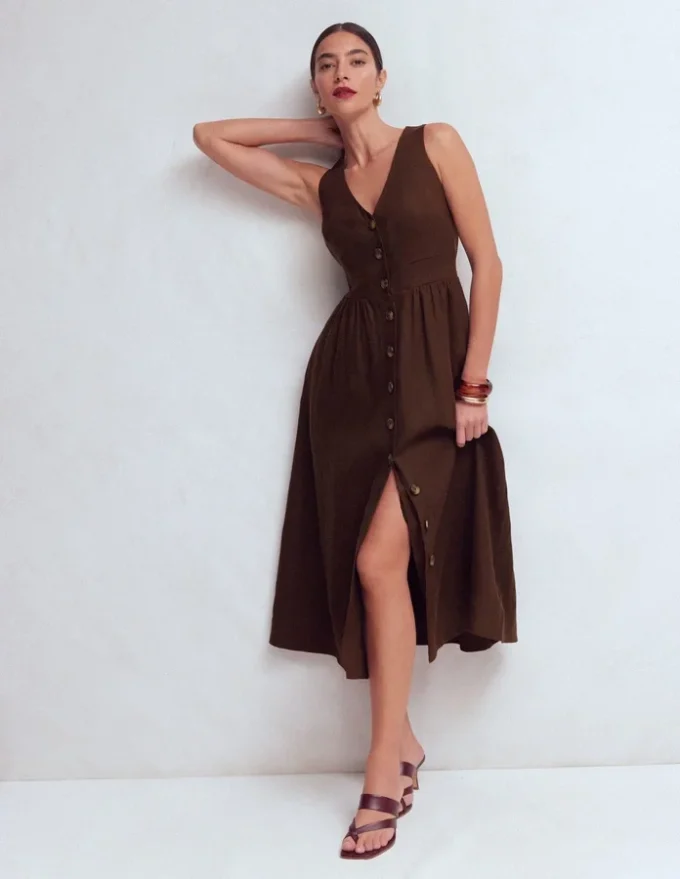 Catherine Button Linen Dress Bitter Chocolate Catherine Button Linen Dress Bitter Chocolate