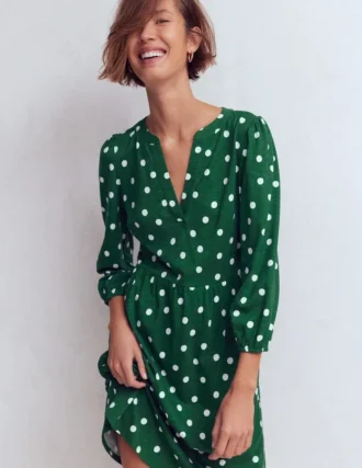 Cathy Notch Neck Jersey Dress Hunter Green, Painted Dot