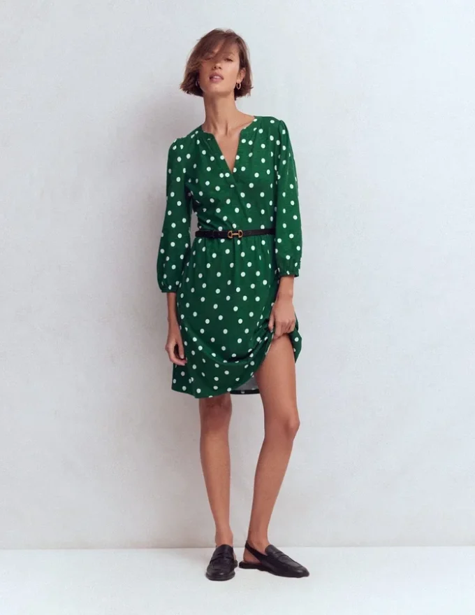 Cathy Notch Neck Jersey Dress Hunter Green, Painted Dot Cathy Notch Neck Jersey Dress Hunter Green, Painted Dot
