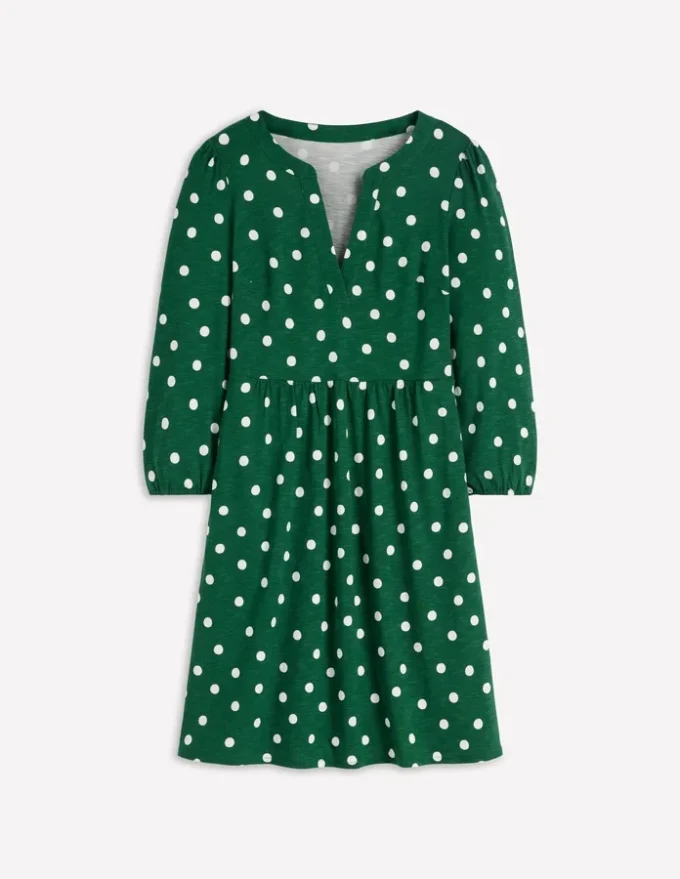 Cathy Notch Neck Jersey Dress Hunter Green, Painted Dot Cathy Notch Neck Jersey Dress Hunter Green, Painted Dot