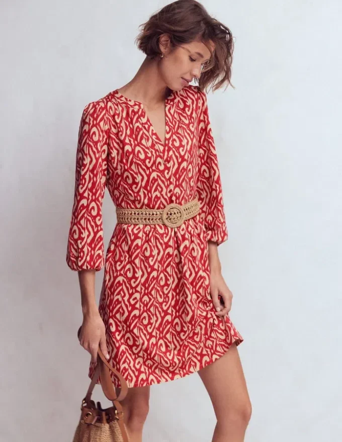 Cathy Notch Neck Jersey Dress Merida Red, Ikat Cathy Notch Neck Jersey Dress Merida Red, Ikat
