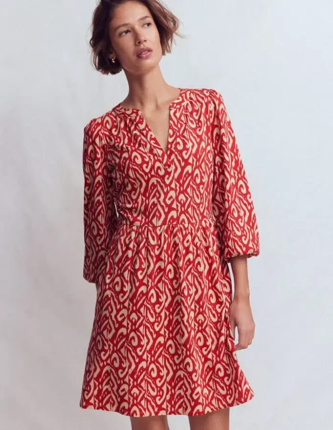 Cathy Notch Neck Jersey Dress Merida Red, Ikat Cathy Notch Neck Jersey Dress Merida Red, Ikat