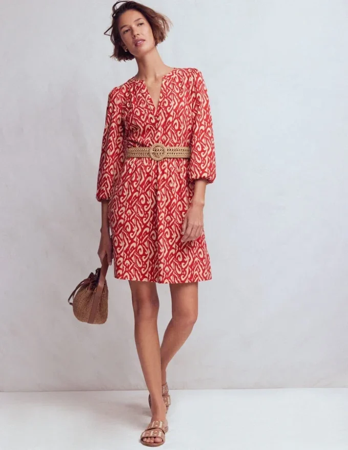 Cathy Notch Neck Jersey Dress Merida Red, Ikat Cathy Notch Neck Jersey Dress Merida Red, Ikat