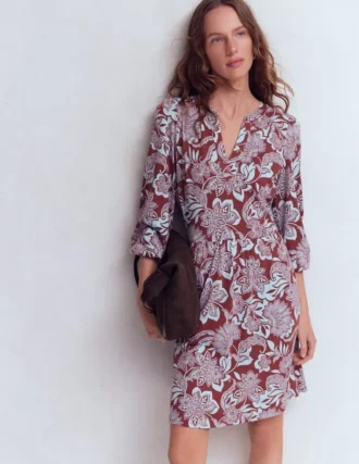 Cathy Notch Neck Jersey Dress Roasted Brown, Elegant Blossom