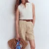 Chelsea Belted Linen Shorts Brown, Ivory Ticking Stripe