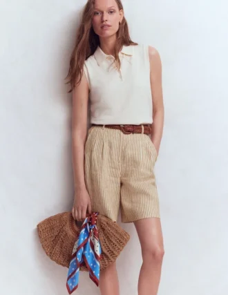 Chelsea Belted Linen Shorts Brown, Ivory Ticking Stripe