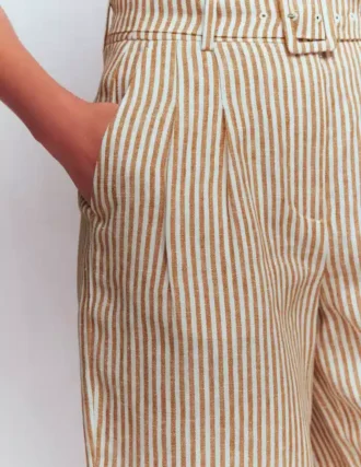 Chelsea Belted Linen Shorts Brown, Ivory Ticking Stripe
