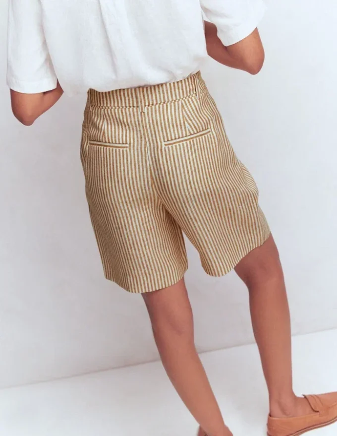 Chelsea Belted Linen Shorts Brown, Ivory Ticking Stripe