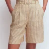 Chelsea Belted Linen Shorts Brown, Ivory Ticking Stripe