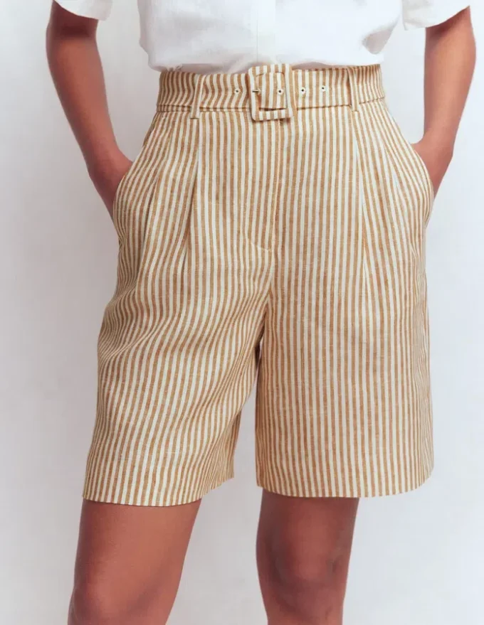 Chelsea Belted Linen Shorts Brown, Ivory Ticking Stripe