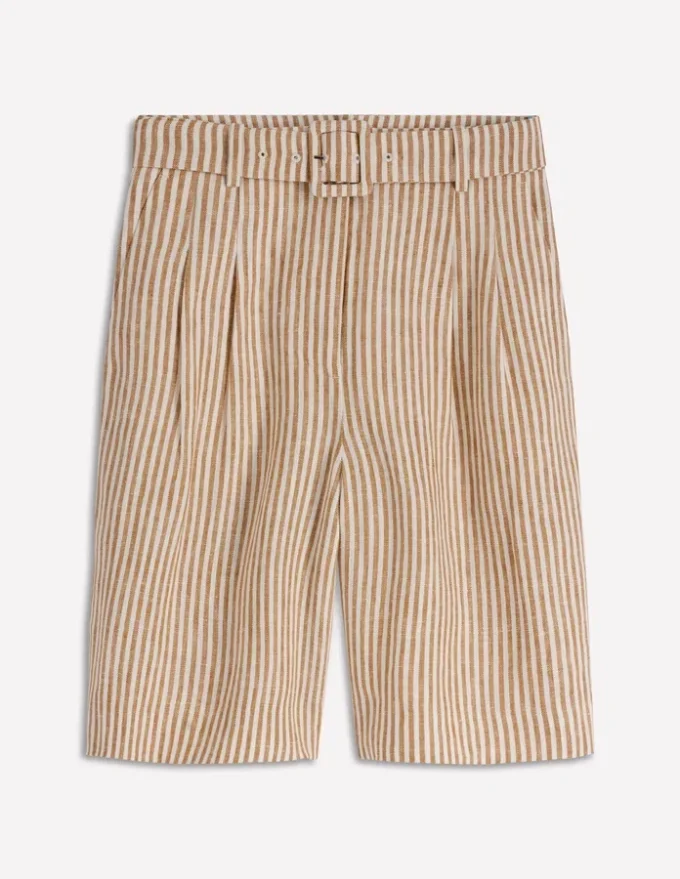 Chelsea Belted Linen Shorts Brown, Ivory Ticking Stripe