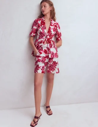 Chelsea Belted Tailored Shorts Sangria Sunset, Floral Print
