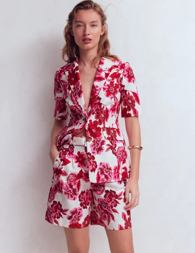 Chelsea Belted Tailored Shorts Sangria Sunset, Floral Print