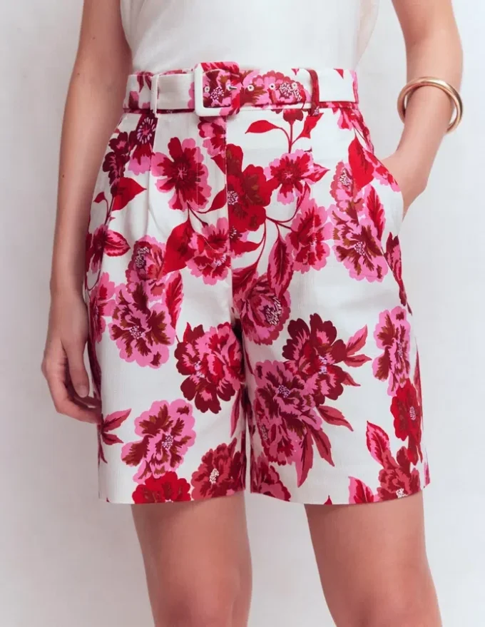 Chelsea Belted Tailored Shorts Sangria Sunset, Floral Print