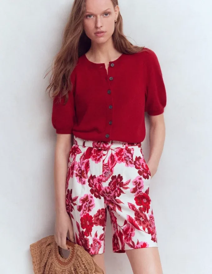 Chelsea Belted Tailored Shorts Sangria Sunset, Floral Print