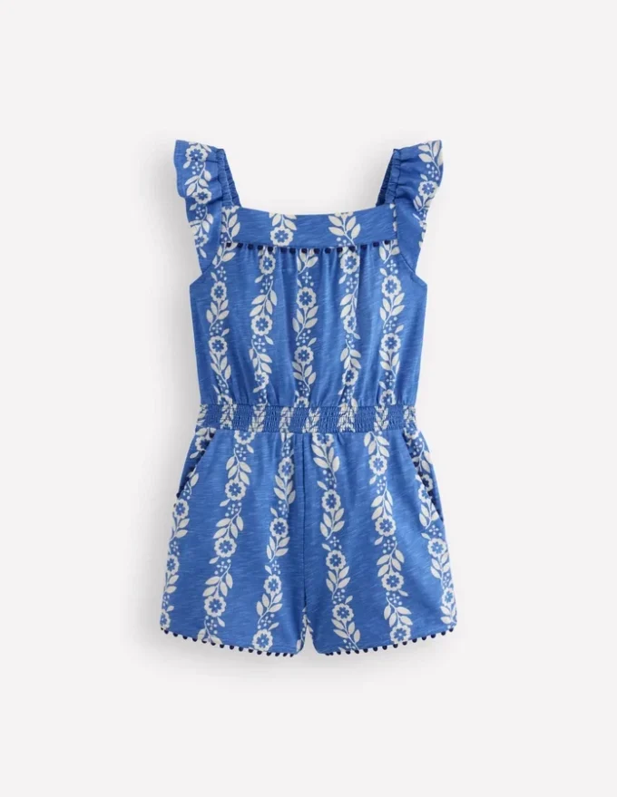 Ciara Pom Trim Jersey Romper Blue Floral Ciara Pom Trim Jersey Romper Blue Floral