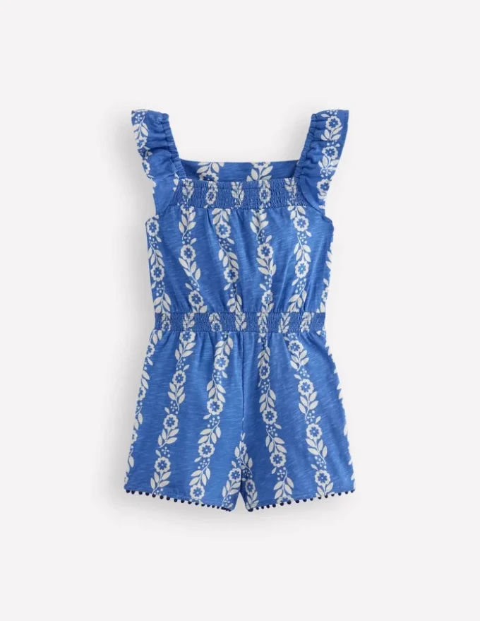 Ciara Pom Trim Jersey Romper Blue Floral Ciara Pom Trim Jersey Romper Blue Floral