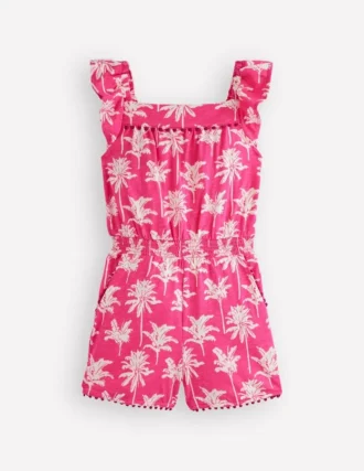 Ciara Pom Trim Jersey Romper Pink Palm Trees