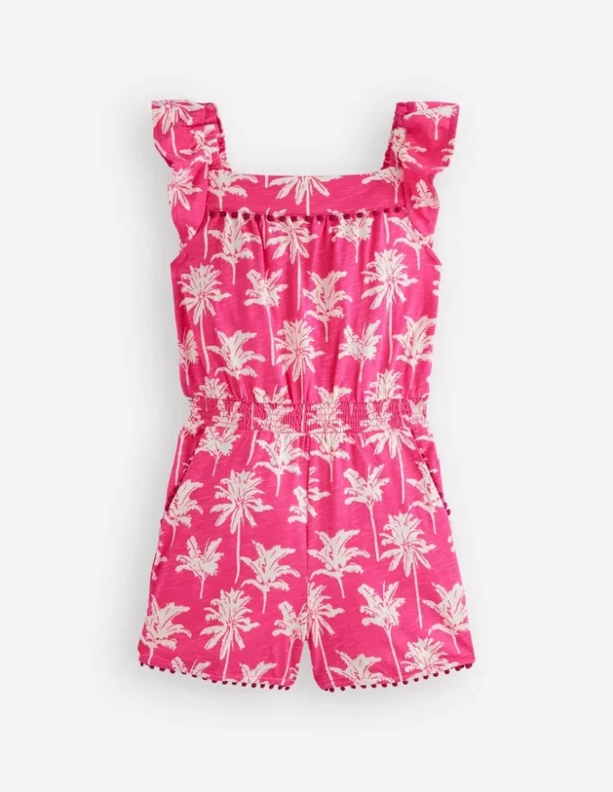 Ciara Pom Trim Jersey Romper Pink Palm Trees