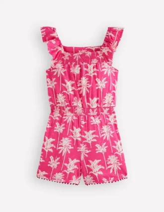 Ciara Pom Trim Jersey Romper Pink Palm Trees