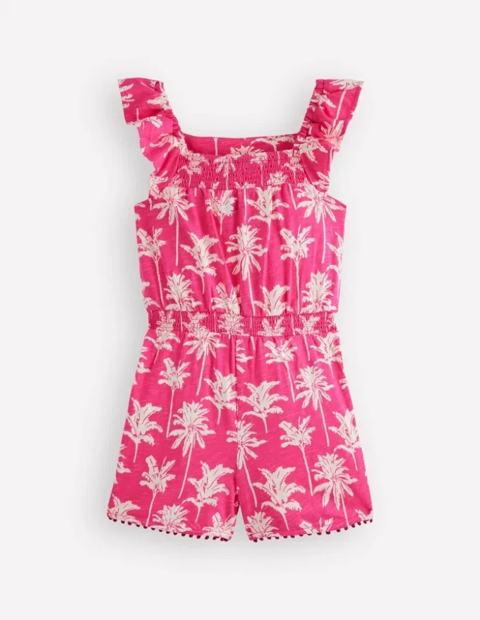 Ciara Pom Trim Jersey Romper Pink Palm Trees