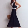 Collar Halter Neck Linen Dress Navy Ivory Collar Halter Neck Linen Dress Navy Ivory