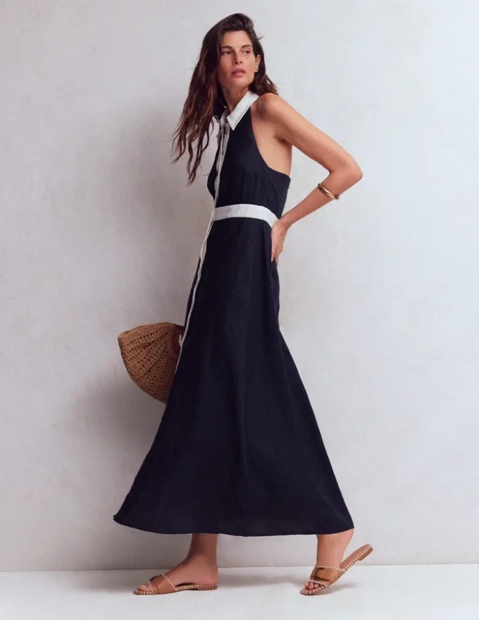Collar Halter Neck Linen Dress Navy Ivory Collar Halter Neck Linen Dress Navy Ivory