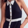 Collar Halter Neck Linen Dress Navy Ivory Collar Halter Neck Linen Dress Navy Ivory