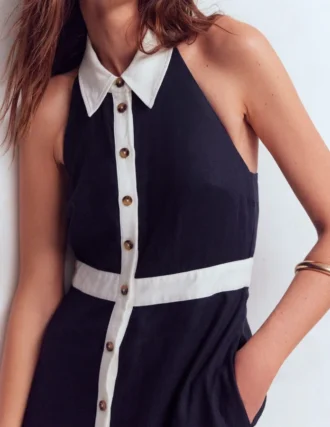 Collar Halter Neck Linen Dress Navy Ivory