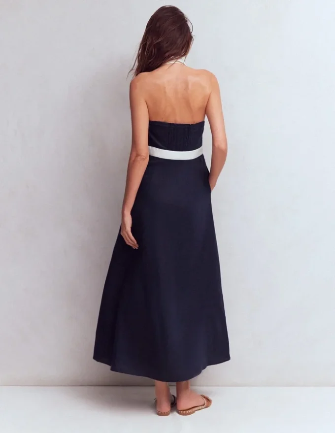 Collar Halter Neck Linen Dress Navy Ivory Collar Halter Neck Linen Dress Navy Ivory