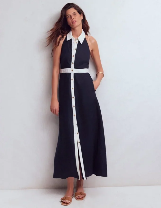 Collar Halter Neck Linen Dress Navy Ivory Collar Halter Neck Linen Dress Navy Ivory