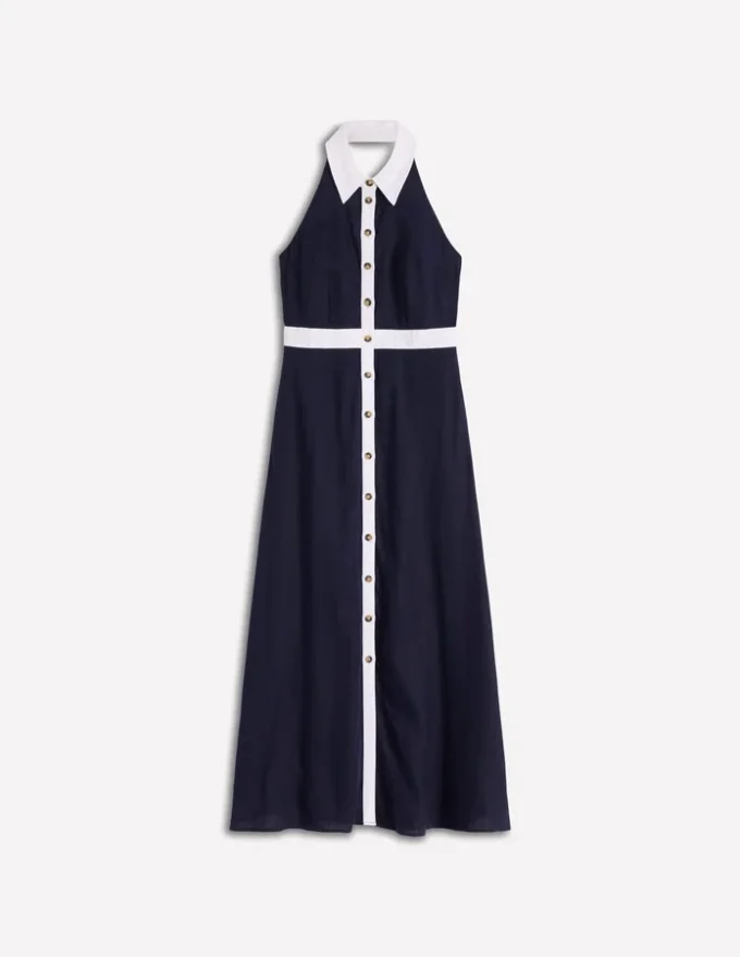 Collar Halter Neck Linen Dress Navy Ivory Collar Halter Neck Linen Dress Navy Ivory