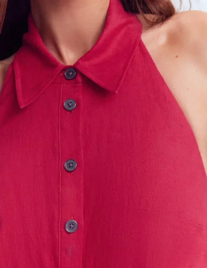 Collar Halter Neck Linen Dress Pomegranate Collar Halter Neck Linen Dress Pomegranate