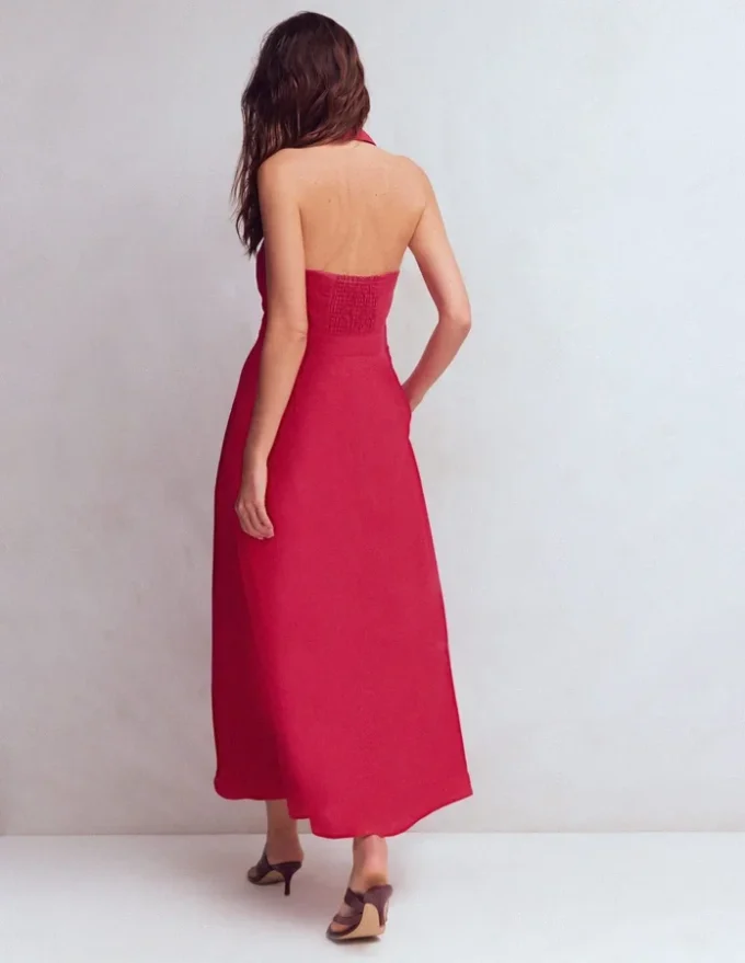 Collar Halter Neck Linen Dress Pomegranate Collar Halter Neck Linen Dress Pomegranate