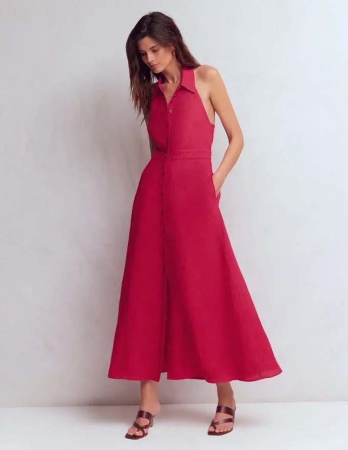 Collar Halter Neck Linen Dress Pomegranate Collar Halter Neck Linen Dress Pomegranate